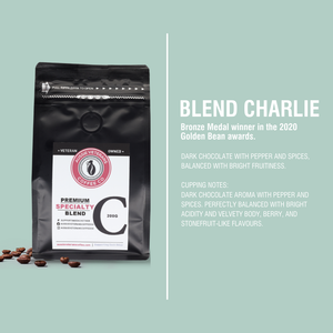 Blend Charlie | Dark chocolate with pepper and spices, Balanced with bright fruitiness.